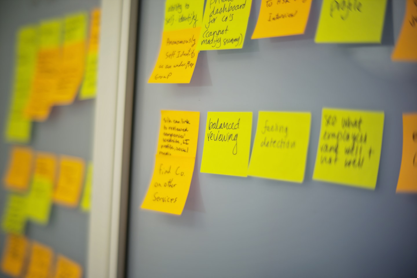 Gele en oranje post-its op een grijze muur voor brainstormen.